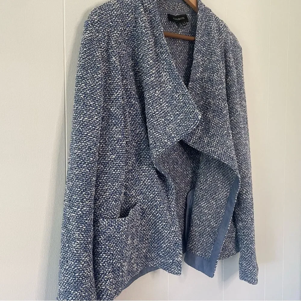 Talbots Open Front Waterfall Blazer Jacket Blue Tweed Boucle Cotton Size Large - Picture 8 of 15